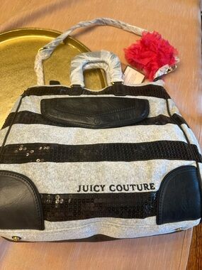 Vintage Rare Juicy Couture Gray & Black Sequin Stripe Tote Pink Flower NWT
